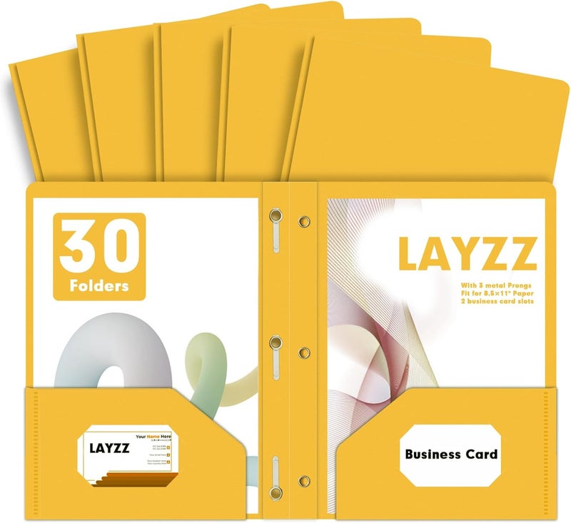 LAYZZ Plastic 2 Pocket Folders with Prongs, 30 Pack, Heavyweight, Letter Size Poly Folders with 3 Metal Prongs Fastener Clips (Yellow) - Image 1